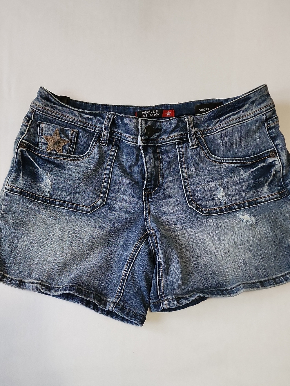 People's Liberation Distressed Mid-Rise Blue Denim Shorts